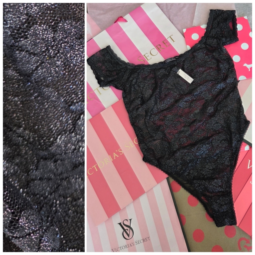 Victorias Secret Semi Sheer Shimmer Lace Body Suit Black Silver Cat Suit NWT